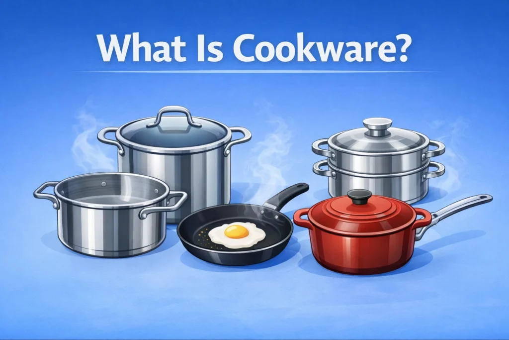 Illustration of common cookware including stock pot, saucepan, frying pan, Dutch oven, and steamer