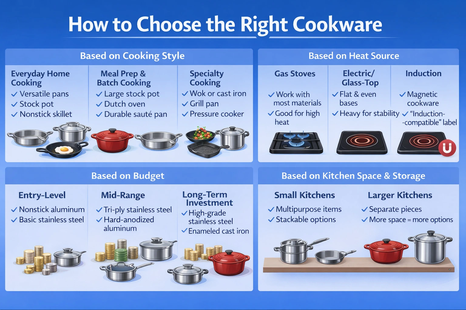 Infographic explaining how to choose cookware based on cooking style, heat source, budget, and kitchen space
