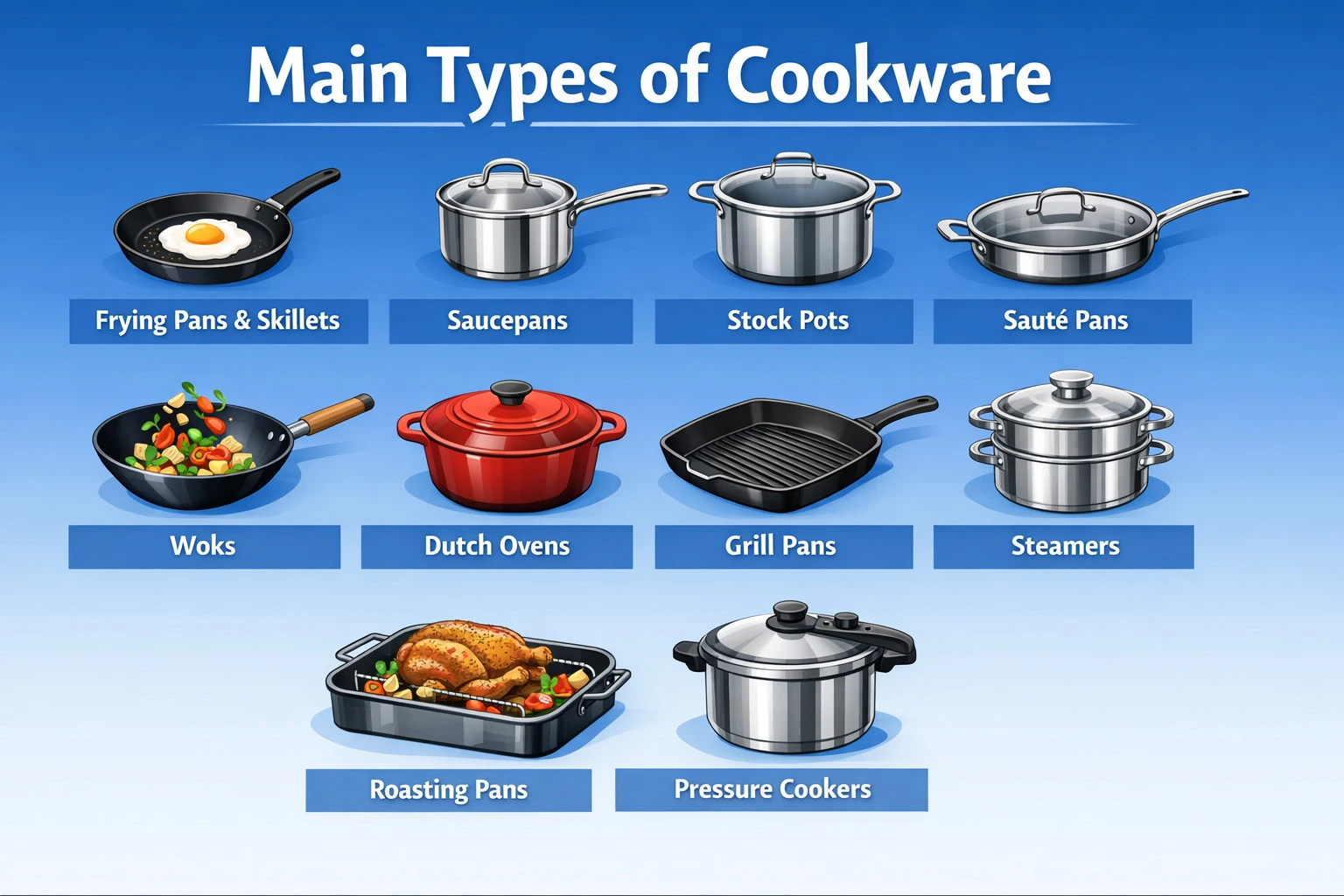 Main types of cookware including frying pans, saucepans, stock pots, sauté pans, woks, Dutch ovens, grill pans, steamers, roasting pans, and pressure cookers