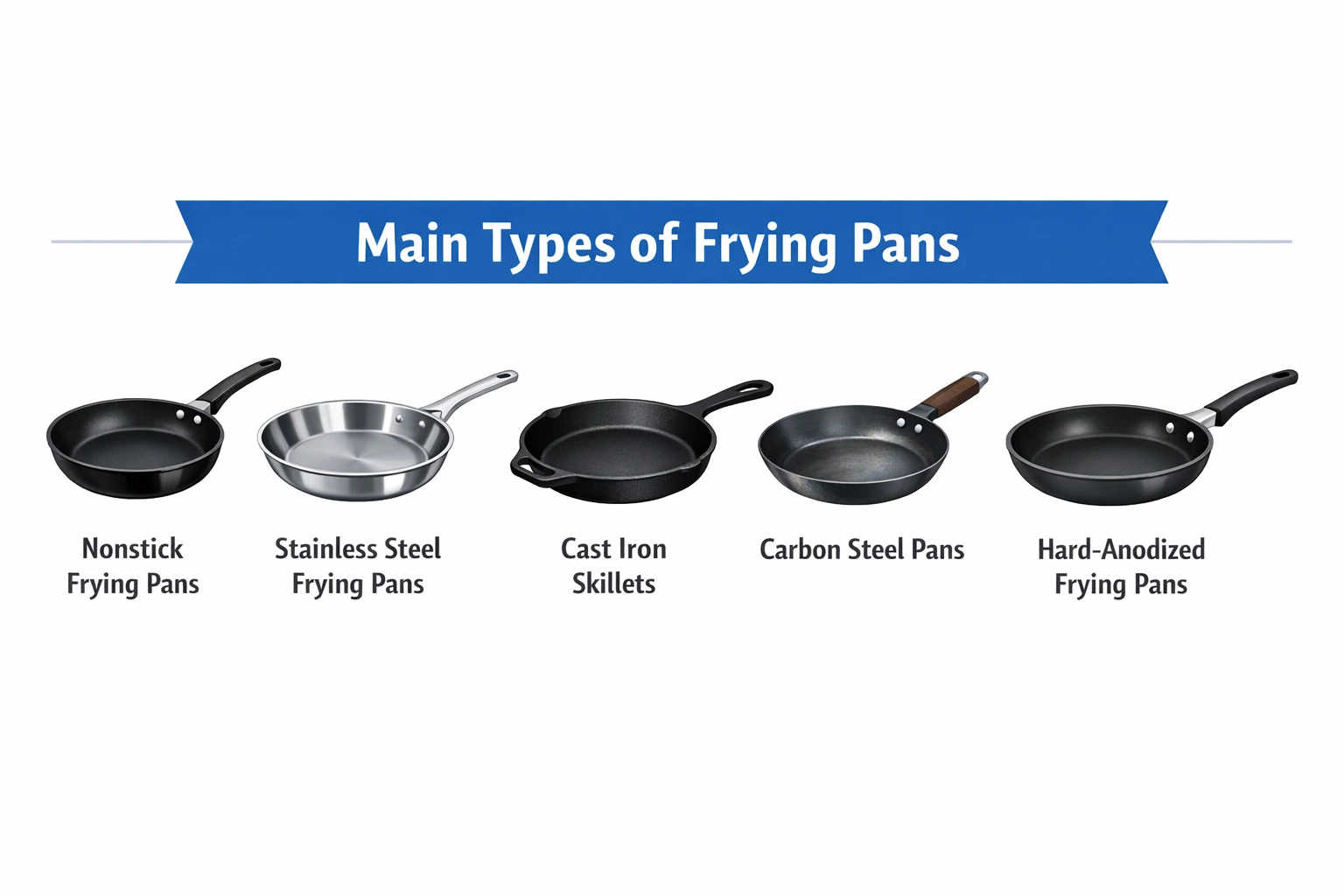 Main types of frying pans including nonstick, stainless steel, cast iron, carbon steel, and hard-anodized cookware displayed side by side