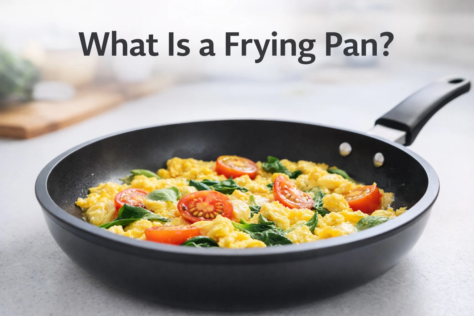 Nonstick frying pan with flat bottom and low sides used for cooking eggs and vegetables on stovetop